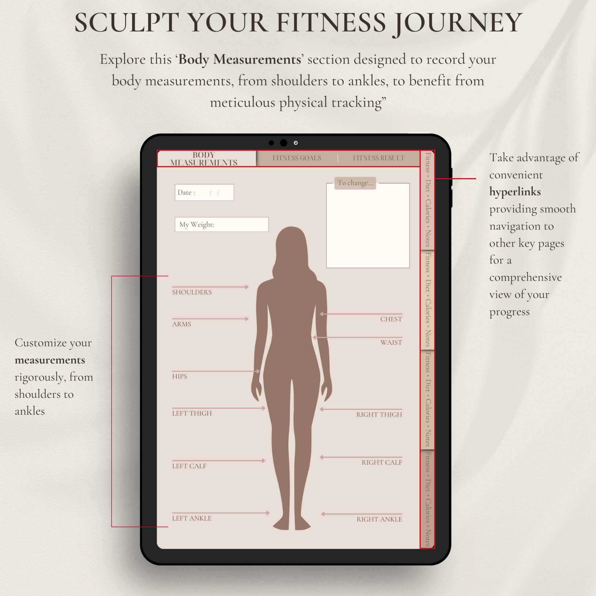 Explore this 'Body Measurements' section designed to record your body measurements, from shoulders to ankles, to benefit from meticulous physical tracking