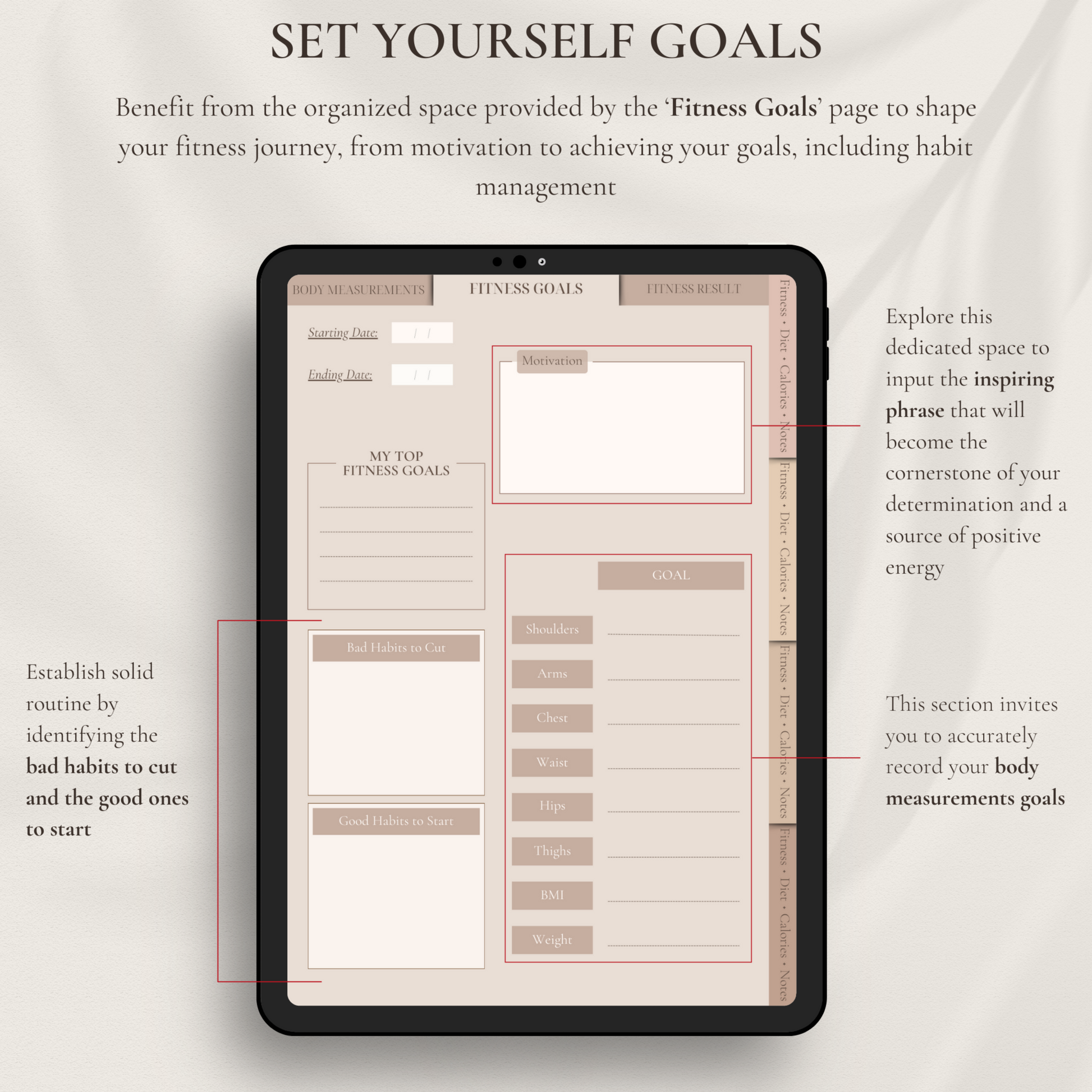 Benefit from the organized space provided by the 'Fitness Goals' page to shape your fitness journey, from motivation to achieving your goals, including habit management